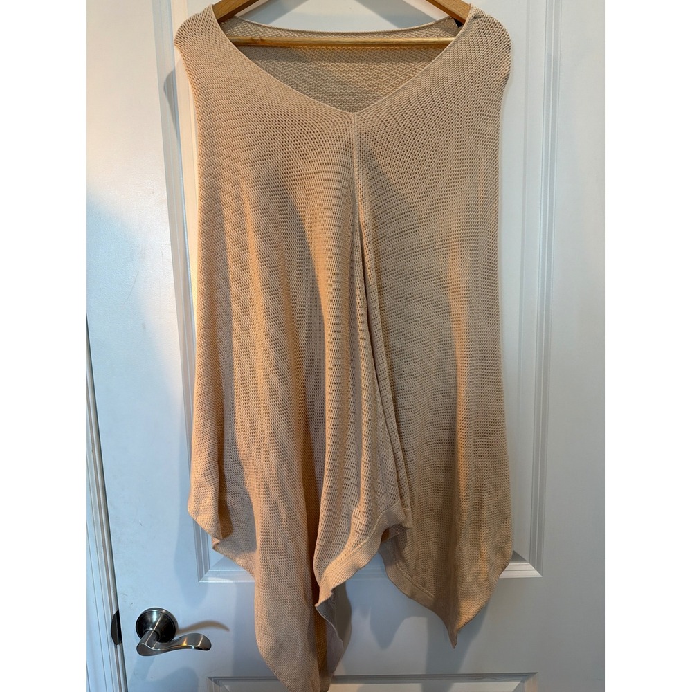 Quince Beige Organic Cotton Cashmere Blend V-Neck Knit Poncho Wrap One Size